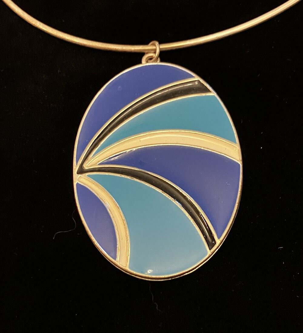VTG Cloisonné enamel Cobalt, Teal, Black pendant & Collar Torque Choker necklace